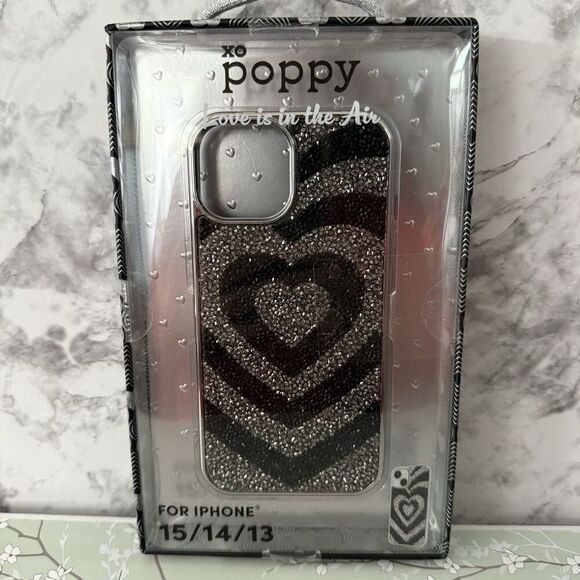xo poppy iPhone 15 14 13 Case MAGSAFE Rhinestone Heart Glitter Sparkle New - Picture 1 of 4